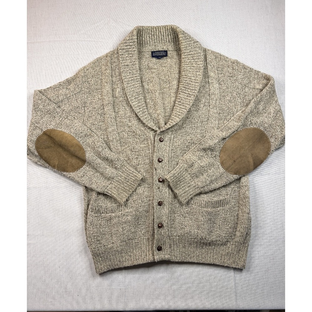 Vintage Wool Lands' End Fisherman Cardigan Sweater Elbow Patches Sz L